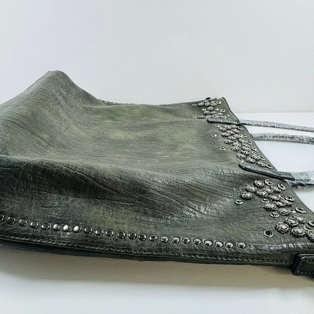 Unique Large Olive Green Distressed Faux Leather Studded Tote Crossbody BOHO